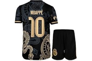 KISRAS R. Madrid Mbappe #10 Heim Retro Goldener Schwarzer Drache Limitierte Sonderedition Seltenes Fußball Kinder Trikot Shorts Set Jugendgrößen