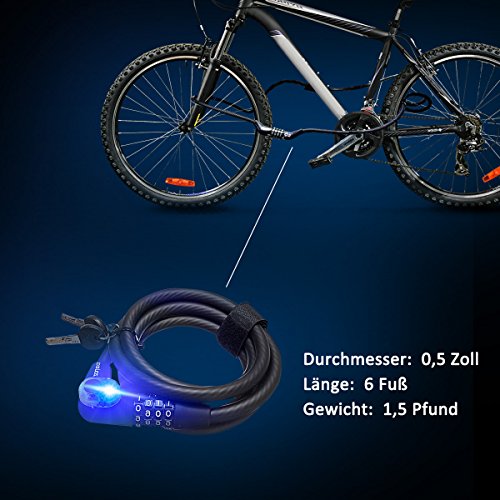 OUTERDO LED Licht Selbst Coiling MTB Fahrradschloss Kableschloss 4 Steillige + Schlüssel + LED Licht, Doppelter Schutz Anti Diebstahl Schloss 1.8M Schwarz - 6