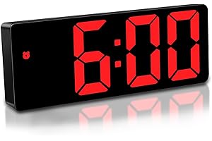 Mardiko Digital Alarm Clock Bedside Mains Powered Battery Alarm Clocks for Bedroom, Electric LED Alarm Clock Silent Non Ticking with Snooze Date Temperature Adjustable Brightness for Adult Kids, Red