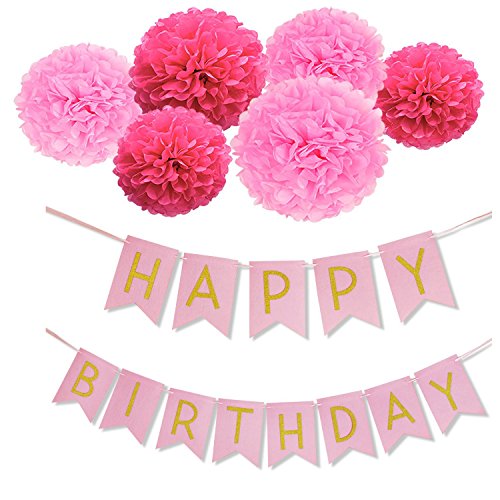 Happy Birthday Banner Papier Pompoms Blumen mit 2,5 Meter Streifen für Geburtstagsfeier Dekorationen (Rosa)