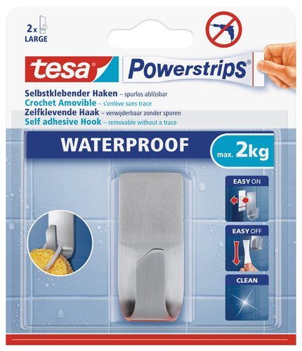 tesa Powerstrips Haken wasserfest / Selbstklebende Halterung aus rostfreiem Edelstahl für Dusche, Bad und Küche, max. 2 kg (2er Pack)