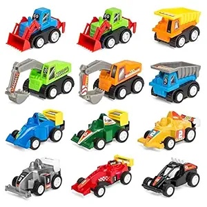Akrobo Plastic Funcorn Play Construction Engineering Vehicle Mini Dumper Excavator Truck Toy Kit Set for Children (Multicolour) - Pack of 12