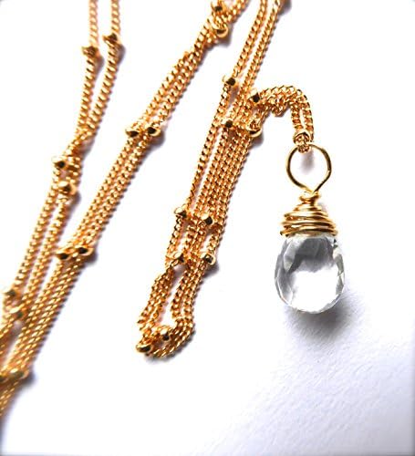 Beautiful Rare White Topaz Pendant Necklace Wraped in Goldfill Wire And Hung On Delicate 18k Goldfill Satellite Chain Handmade By Unearthed