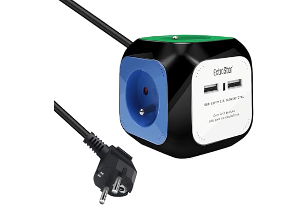 EXTRASTAR Multiprise USB Cube, Bloc Multiprises avec 4 Prises et 2 Ports USB, Chargeur USB Multiple, Multiprise Electrique pour Bureau, Maison, Peut être installé au Mur, sur la Table, 1,5 m