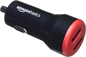 Amazon Basics USB-A-Autoladegerät mit 2 Anschlüssen - 24 W - für Telefone (iPhone 16/15/14/13/12/11/X, Samsung und mehr) - nicht PPS - Schwarz/Rot