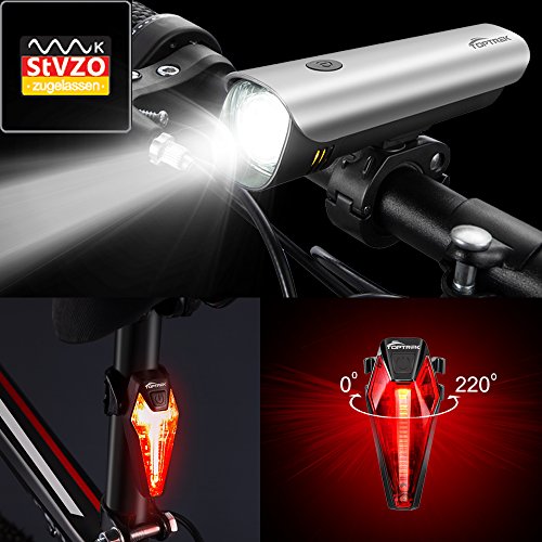 Toptrek Fahrradbeleuchtung StVZO Zugelassen Fahrradlicht USB Wiederaufladbare Fahrradlampen Set (Frontlicht + Rücklicht)/Samsung Li-ion/CREE LED/Wasserdicht IPX4/300 Lumen - 2