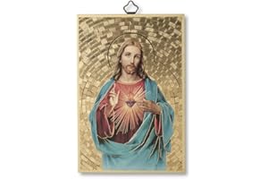 F.LLI BONELLA Fratelli Bonella | Sacred picture on 8 mm poplar MDF with Golden Foil Mosaic of the Sacred Heart of Jesus with Prayer to the Sacred Heart on the back 10 x 15 cm | Made in Italy