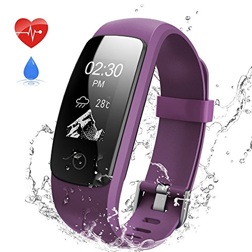 Preisvergleich Produktbild Fitness Armband, Aneken Fitness tracker mit Herzfrequenz, Schrittzähler Aktivitätstracker Pulsmesser Bluetooth Smart ArmbandUhr Schlafmonitor Wasserdicht Kalorienzähler Vibrationsalarm Anruf SMS Beachten kompatibel mit Android / iOS Violett