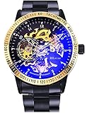 Mechanische Automatik Armbanduhr Skelett Automatikuhr Uhr Schwarz Gold Edelstahl