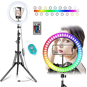 10''Selfie Ring Light, MOUNTDOG RGB Dimmable Beauty Ringlight with Tripod Stand and Phone Holder for Live Stream and Makeup Compatible with iOS and Android