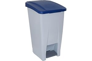 Contenedor de Reciclaje con Pedal 60L Gris con Tapa Azul– Cubo de Basura Selectivo con Tapa, Ruedas y Asa Ergonómica – Plástico Resistente y Fácil Limpieza para Cocina o Oficina | Denox