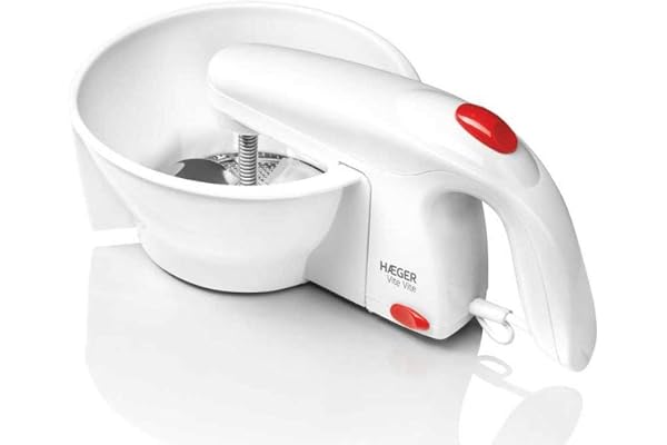 HAEGER - Presse-purée électrique avec 25 W de puissance - 3 disques de coupe : Coupe fine, moyenne et épaisse, lame en acier inoxydable, facilement démontable.