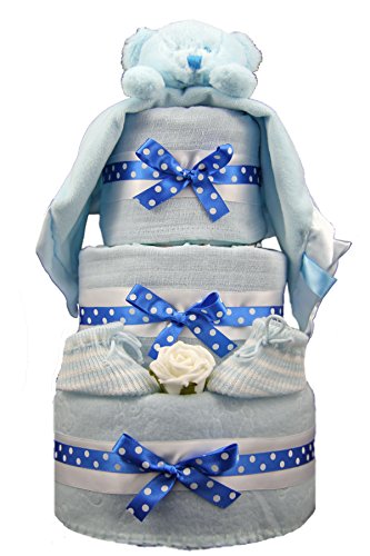 New Blue 3 tier Teddy Comfort Blanket Nappy cake - baby boy maternity shower gift / present