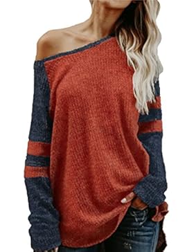 ECOWISH DamenHerbstTrägerlosLoseOversizeLangarmTopSweatshirtGestreiftPullover