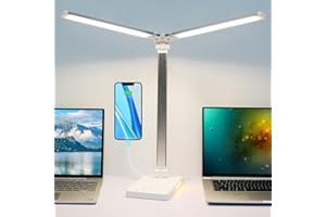iVict LED Desk Lamp, Dual Swing-Arm Table Lamp with 5 Color Modes & 5 Brightness Levels, 45Min Auto-Timer, 3 Night Light Modes Eye-Caring Desk Light for Study, Working, Bedroom (White)