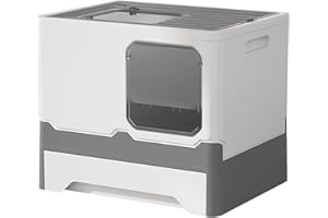 Gupamiga Arenero para Gatos Cubiertos, Inodoro para Gatos con Bandeja Extraíble, Pala para Arena, 45 × 35 × 38 cm, Gris y Blanco