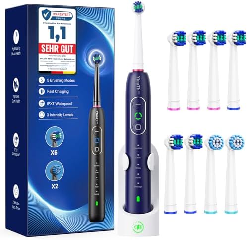 Spazzolino Elettrico Rotante per Sbiancamento Denti - Spazzolino Denti Rotante Adulti 3 Intensità, 5 Modalità, 8 Testine, Impermeabile IPX7, Spazzolino Elettrico Da Viaggio Ricaricabile, Blu