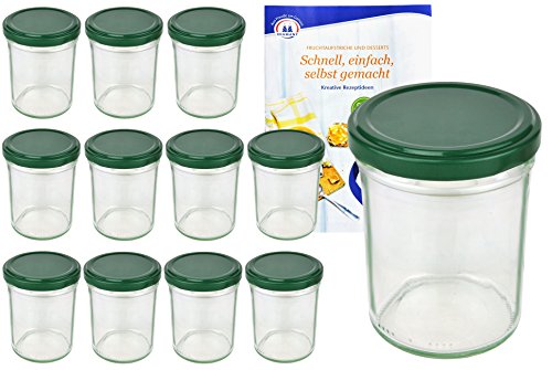 12er Set Sturzgläser 230 ml Hoch Deckelfarbe grün To 66 inkl. Diamant Gelierzauber Rezeptheft, PVC-frei, BPA-NI-frei, Marmeladengläser, Einmachgläser, Einweckgläser, Gläser
