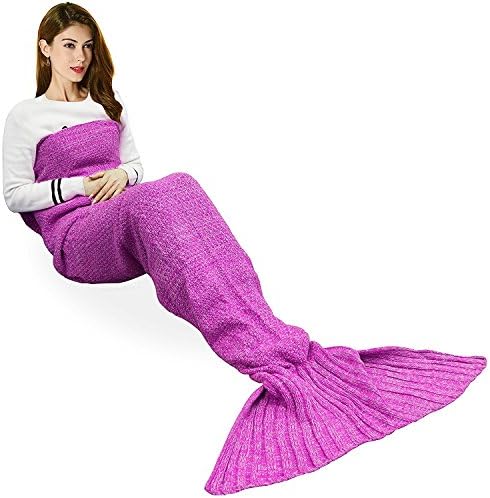 eCrazyBaby Wearable Mermaid Tail Blanket Crochet, All Seasons Warm Knitted Bed Blankets Sofa Living Room Quilt for Kids and Adults, Classic Pattern, 70.9" x 35.5" (180 x 90cm), Dark Pink