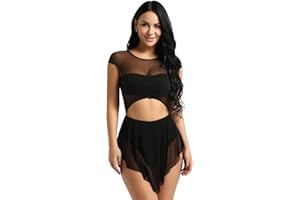 ranrann Women's Lyrical Ballet Dance Sleeveless Asymmetrical Sheer Mesh Modern Dancing Dress