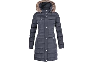 Spindle Womens Long Fur Trimmed Hooded Padded Puffer Parka Ladies Winter Jacket Coat