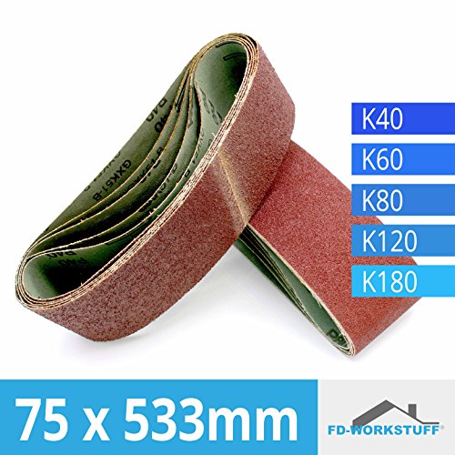 25 Stück Schleifbänder 75 x 533 mm Körnung je 5 x 40 / 60 / 80 / 120 / 180 für Bandschleifer / Gewebe-Schleifbänder - 2