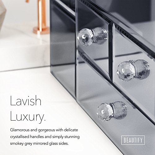 Beautify Rauchgrau Verspiegelte Glas-Schmuckschatulle & Make-up Ordnungssystem mit 3 Schubladen, 9 Aufbewahrungsfächern & Samteinlage inklusive GRATIS Glasreinigungstuch - 3