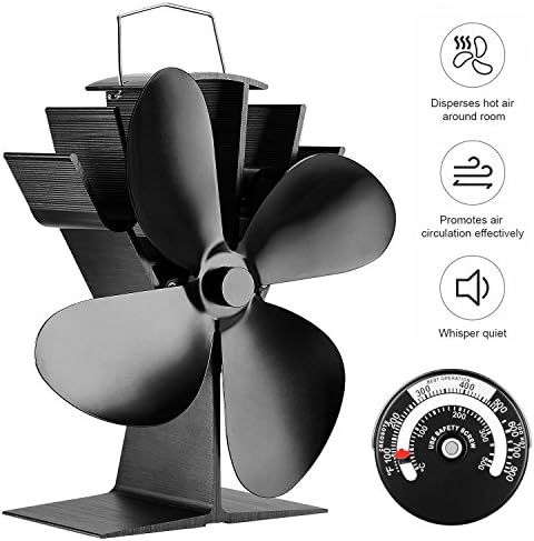 4-Blade Heat Powered Log Burner & Stove Fan for Wood Log / Coal Burner / Wood Stoves Black