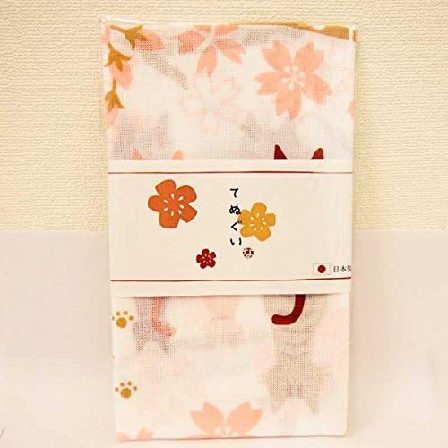 Noaplus Cat Handkerchief Cat & Cherryblossoms White & Pink "Tenugui" Made in Japan