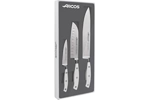 Arcos Juego Cuchillos Forjados 3 piezas - Acero Inoxidable y Hoja mm. 613 gr. Mango ergonómico Polioximetileno POM. Serie Riviera Blanc. Hoja delgada con un Borde Suave característico. Color Blanco.