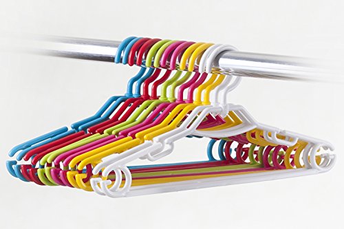 HOMELYWORLD pack of 24 Multic oloured Children Plastic Coat Hangers for Baby and Kids Clothes, 29cm (12 inch), with Notches, Loops and Trousers / Skirt Bar. Made in EU (24) (24, MULTICOLOURED)
