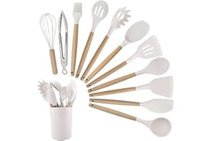 Strehknewen Juego de 12 Utensilios de cocina de silicona, resistentes al calor, antiadherentes, aptos para lavavajillas, ergonómicos, aptos para alimentos, Con cubo de almacenamiento, juego completo