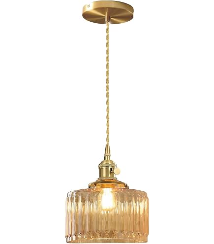 Lampada A Sospensione In Ottone Con Paralume In Vetro Strisciato E Cavo Intrecciato Dorato: Eleganza Classica Per Interni