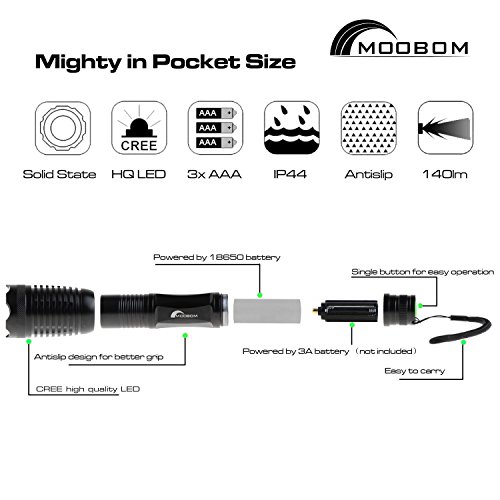 Youpin Taschenlampe, 1800 Lumen, 5 Modi, Schwarz, mit Zoom, XM-L T6, LED, Batterie 18650 - 7
