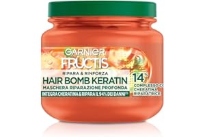 Garnier Fructis, Maschera Rimpolpante, Per Tutti i Capelli Danneggiati, Riparazione Profonda, Per Capelli Più Forti, Con Olio di Marula e Cheratina, Hair Bomb Keratin, Ripara&Rinforza, 320 ml