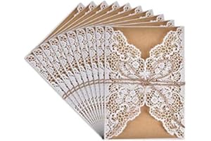 RMEET Hochzeit EinladungsKarten,10er Pack Retro Hochzeitseinladung Laser Geschnitten mit Leeren Kraftpapier Innenbögen,Umschlag und Juteschnur Handgefertigte Vintage Karte für Hochzeit Geburtstag Muttertag