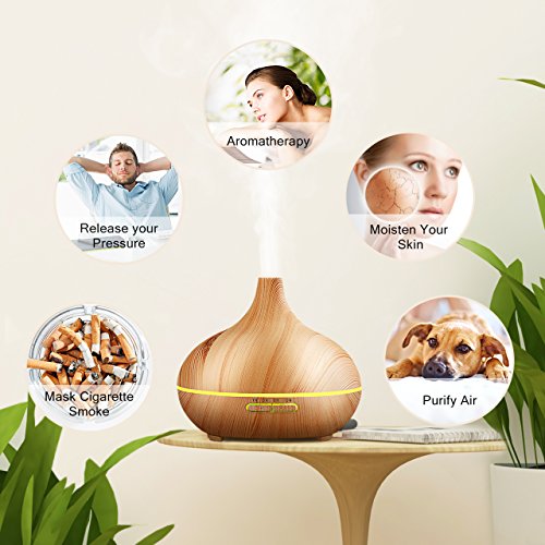 Aroma und Duft Öl Verteiler mit 300ml Kapazität und 30ml/h Feuchtigkeitsabgabe. Neuer Holz Optik Luftbefeuchter, extrem leise durch Ultrasonic Technologie mit 7 farbigen LEDs, 4 verschiedenen Zeit Einstellungen und automatischen Power off ohne Wasser für Bad, Yoga, Zuhause oder Büro - 7