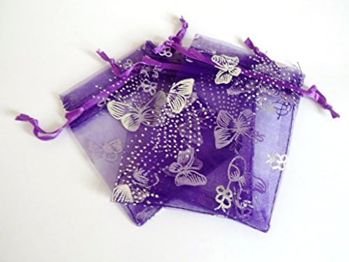 25 x Finest Quality organza bags 10x12cm Wedding Favour Party Gift bags, UK Seller (Dark Purple - Butterfly)