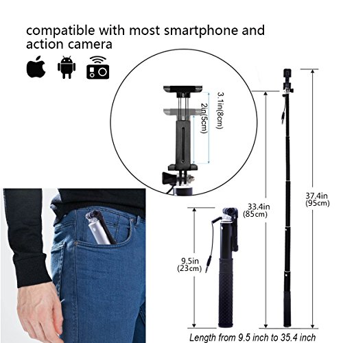 Selfie Stick,ZIZON 270 Gradi Rotazione Forma-E Selfie Stick (Nessuna Batteria Nessuna Bluetooth) Alluminio Allungabile cavo Controllo Auto Ritratto Monopiede (95CM) con Portacellulare Montecon per GoPro Hero Session Hero 4 Hero 3 +/3/2, Sony Action Cam e Smartphone,Apple iPhone 6/6 Plus/5/4, iPod,Samsung Galaxy S6/S5/S4/S3, Huawei,Note 4/3/2, LG,Sony 3,5-6 Pollici Smartphone(Nero)