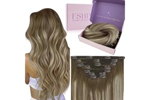 ‎FSHINE Fshine Clip in Extensions Echthaar Mittelbraun mit Hellblond 55cm Remy Hair Extensions Clip in Echthaar 120g 7 Stücke Farbe 6 60 6