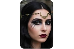 Fashband Cadena vintage de estilo bohemio para el pelo o la cabeza, de color dorado, con una luna, flores y cuentas negras. Complemento para bodas y festivales, accesorios para mujeres y niñas