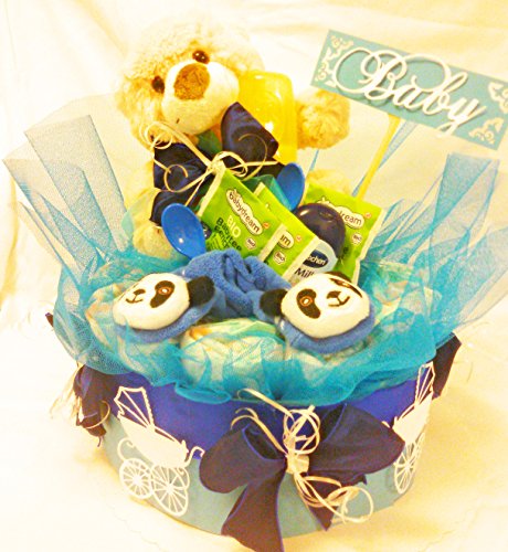 Windeltorte – Pamperstorte mit Pflegeprodukte, Tee, Kuschelteddy, Rasselsöckchen und Trinkflasche, Tolles Geschenk zur Geburt - 3