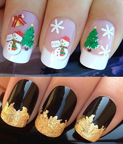 CHRISTMAS NAIL DECALS WATER TRANSFERS STICKERS ART SET #837. PLUS A LARGE GOLD LEAF SHEET FOR CUSTOM DESIGNED NAIL! - XMAS SEASONAL HOLIDAY GORGEOUS SNOWMEN SNOWMAN SNOWFLAKES SNOW TREE BELL &amp; RIBBON BOWS 3D WRAPS &amp; STUNNING 24KT GLIZZY GOLD LEAF FOR FULL HOLLYWOOD NAILS! ALL CAN BE USED WITH NATURAL GEL ACRYLIC STICK ON NAILS! USE ALONE OR WITH GLITTER DUST CAVIAR BEADS ALLOYS DECORATIONS CONFETTI FIMO SHAPES TAPE PENS RHINESTONES - GET CREATIVE!