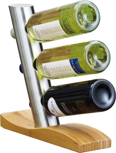 Esmeyer 199-296 Weinregal "James" Weinflaschenhalter aus mattiertem Edelstahl, auf einem geschwungenen Bambus-Fuss,
