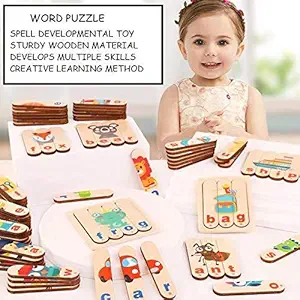 MONKEYTAIL Wooden Word Puzzle Spell and See for Children, Montessori Educational Learning Words Puzzle Board Toy- Multi Color