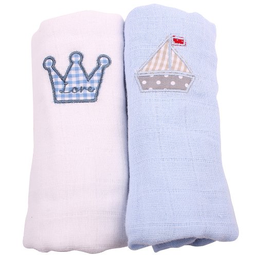 Minene Muslin Squares with A Embroidered Crown and Boat (2 Pieces, White and Light Blue)