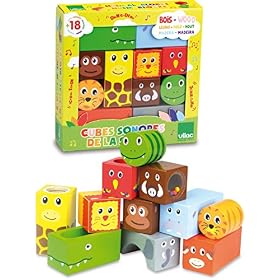 Vilac – Cubes Sonores la Savane – 11 cubes en bois sonores animaux de la savane – Décoré par Suzy Ultman – Développe la motricité et l’observation des enfants – Jouet d&rsquo;éveil dès 18 mois – 2101
