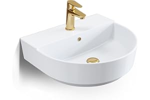 HOROW Lavabo Ovalado de Cerámica Blanca – Pequeño 50 cm para Baño de Invitados y Baño Pequeño | Instalación Versátil: Colgante de Pared o de Encimera | Con Rebosadero y Orificio para Grifo