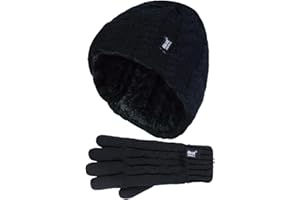 HEAT HOLDERS - Kids Girls Cute Cable Knitted Warm Fleece Lined Winter Beanie Hat and Gloves Set