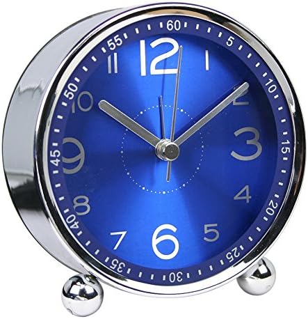 Table Clock, 4" Silent Non Ticking Metal Battery Operated Round Quiet Home/School Alarm Clock (Blue)